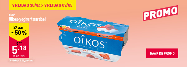 PROMO Oikos-yoghurt aardbei 2e aan -50%